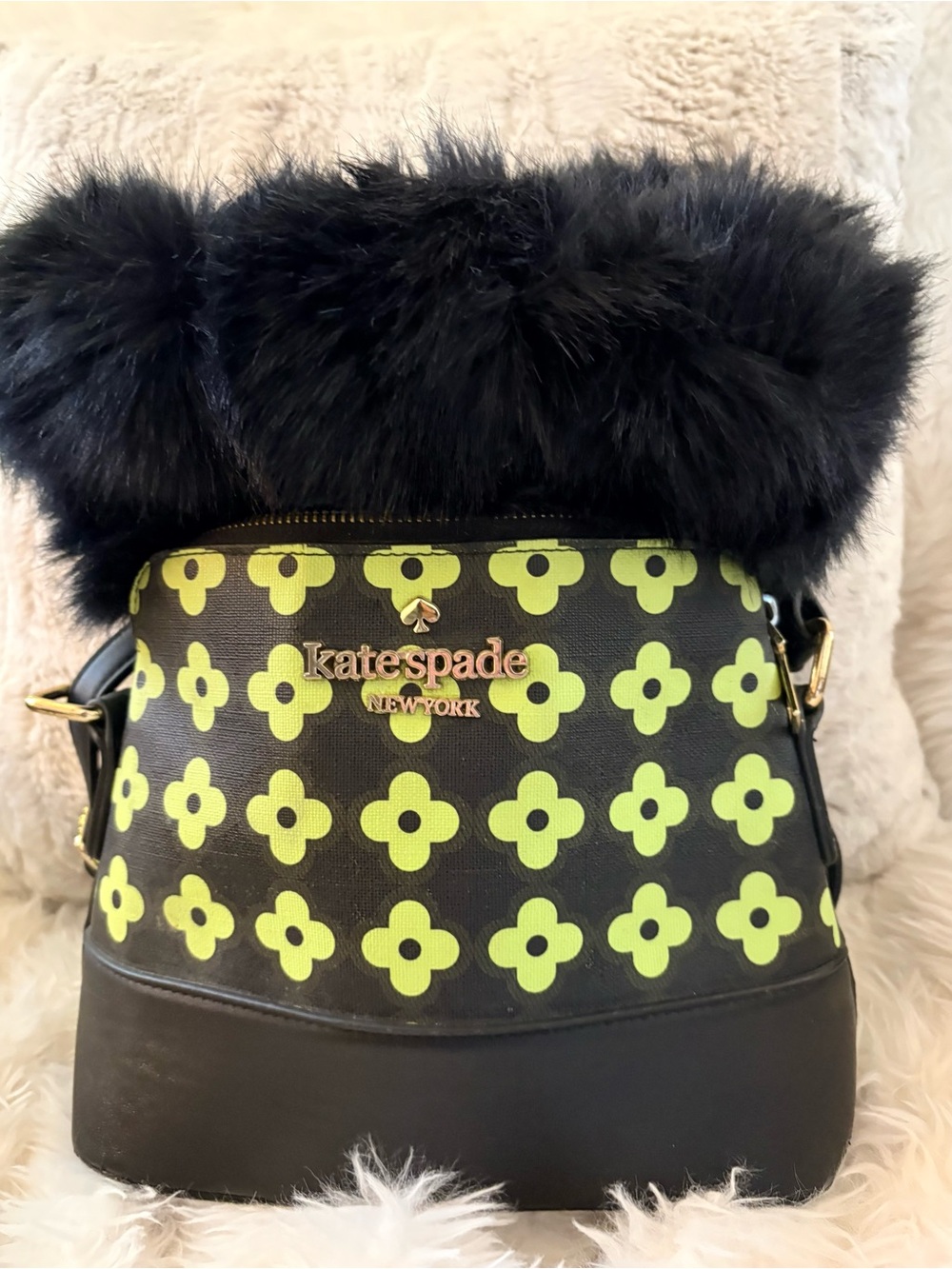 2pc kate spade Black with Lime Green Floral Crossbody w/ faux fur infinity scarf